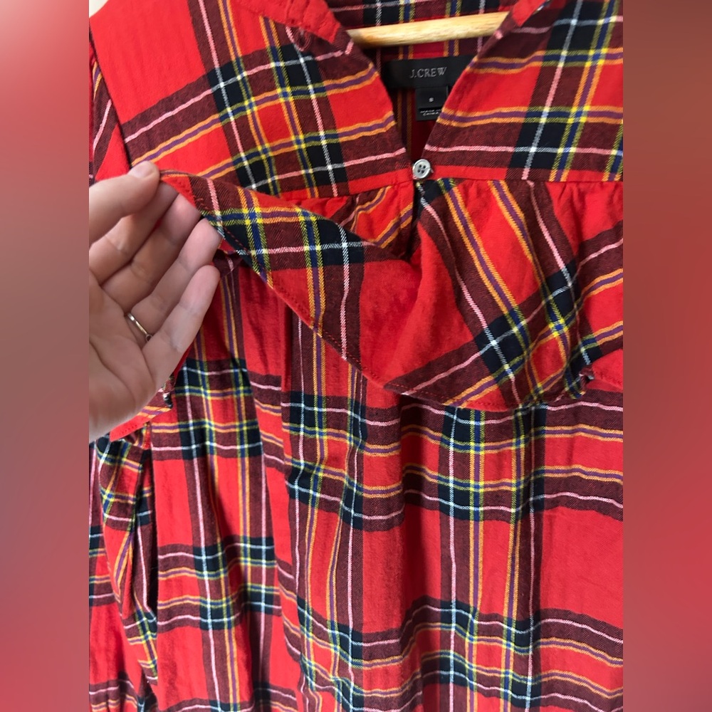 J. Crew Red Ruffle Blouse Tartan Popover Plaid Festive Flannel Sz S 100% Cotton - Picture 3 of 11